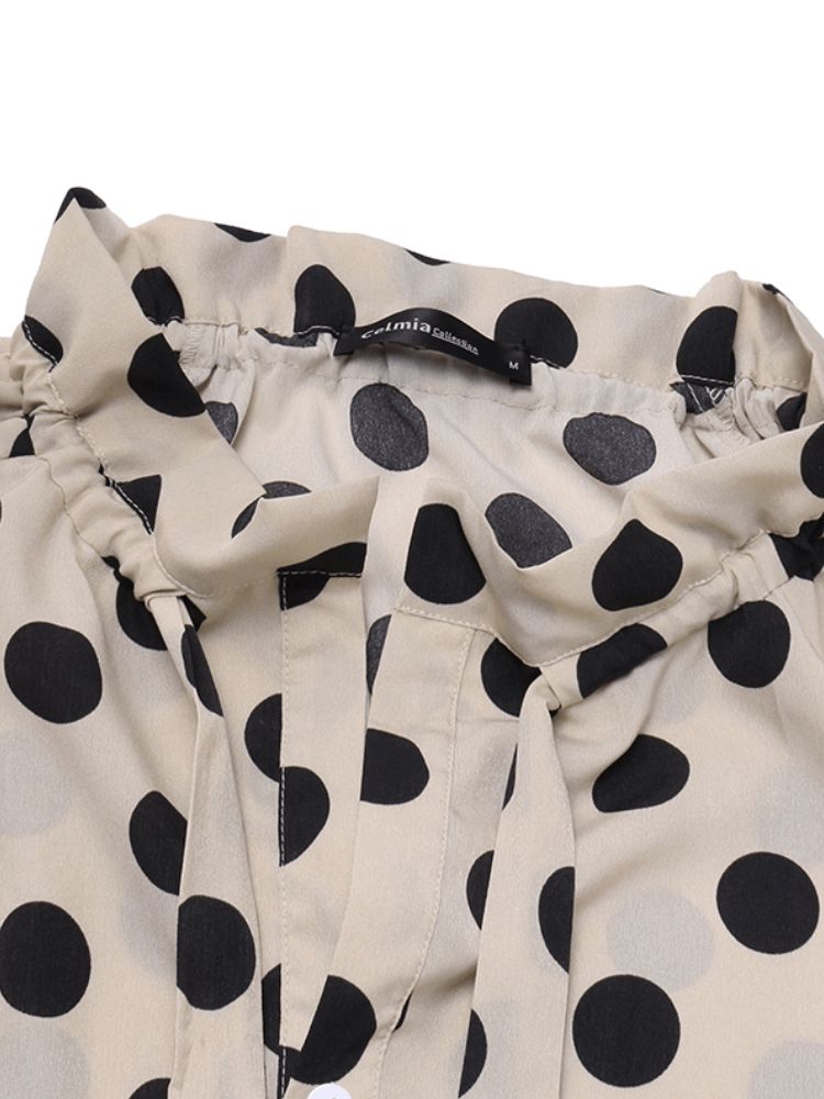 Polka Dots Printing Lantern Sleeve Escote Bow Tie Blusa Casual Para Mujer