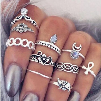 10pcs Anillos De Nudillos Vintage Tribal Étnico Hippie Conjunto De Anillos Punk Para Mujeres