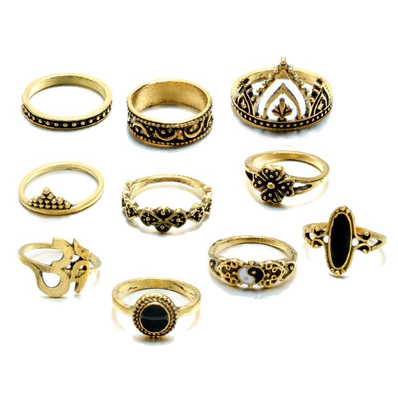 10pcs Juego De Anillos De Declaración Bohemios Vintage Crown Star Moon Flower Anillos De Nudillos Para Mujeres