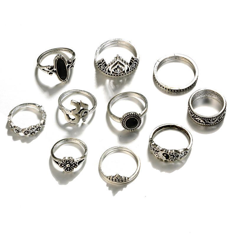 10pcs Juego De Anillos De Declaración Bohemios Vintage Crown Star Moon Flower Anillos De Nudillos Para Mujeres