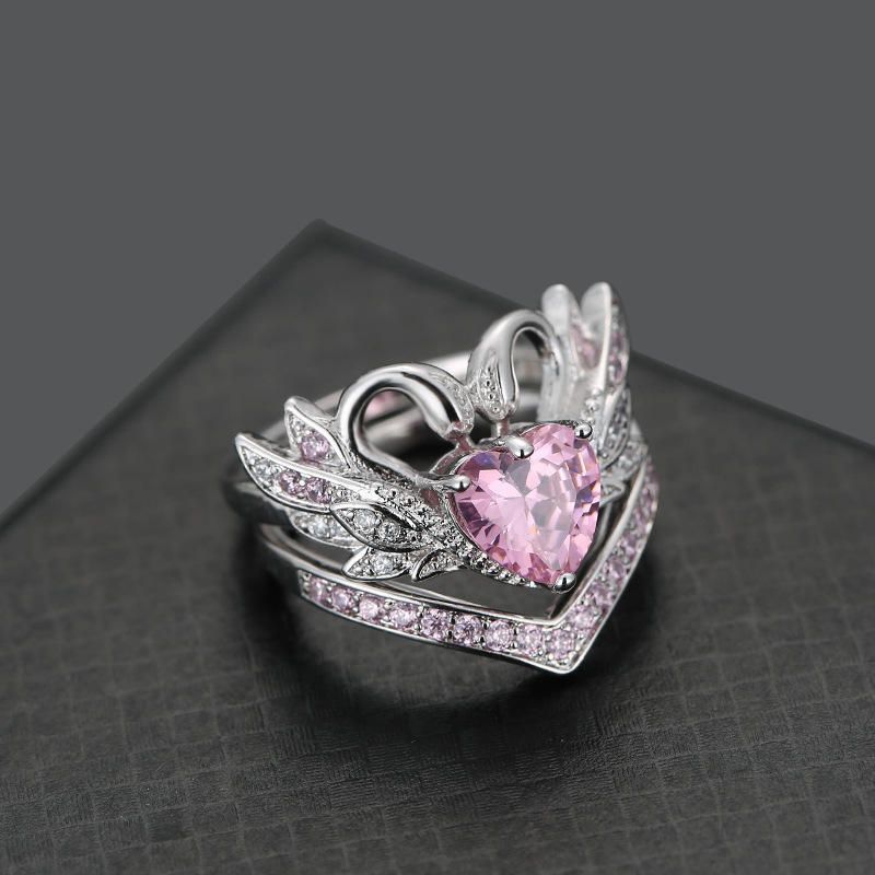 2 Piezas Set Sweet Swan Heart Zirconia Anillo De Compromiso De Boda Regalo Único Para Mujeres Niñas