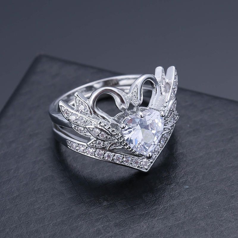 2 Piezas Set Sweet Swan Heart Zirconia Anillo De Compromiso De Boda Regalo Único Para Mujeres Niñas