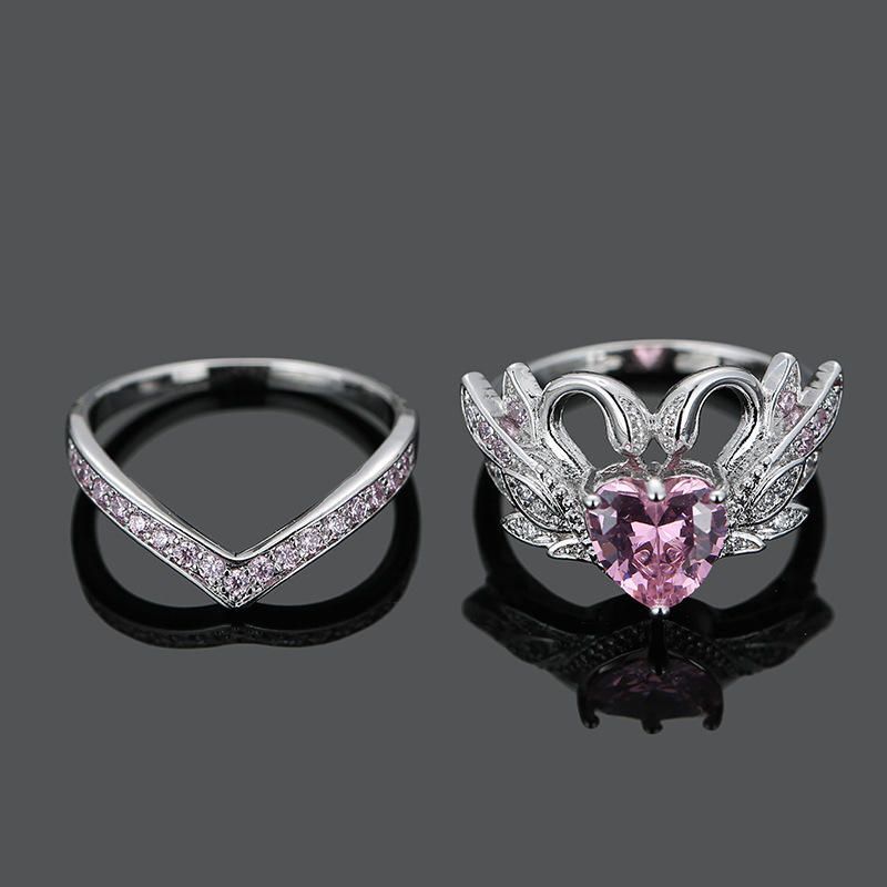 2 Piezas Set Sweet Swan Heart Zirconia Anillo De Compromiso De Boda Regalo Único Para Mujeres Niñas