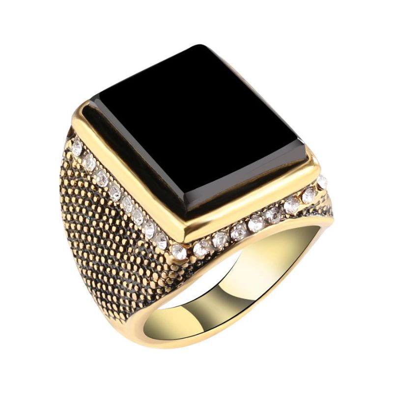 20 mm Punk Resina Color Negro Geometría Rhinestone Anillo De Dedo De Oro Antiguo Para Hombres