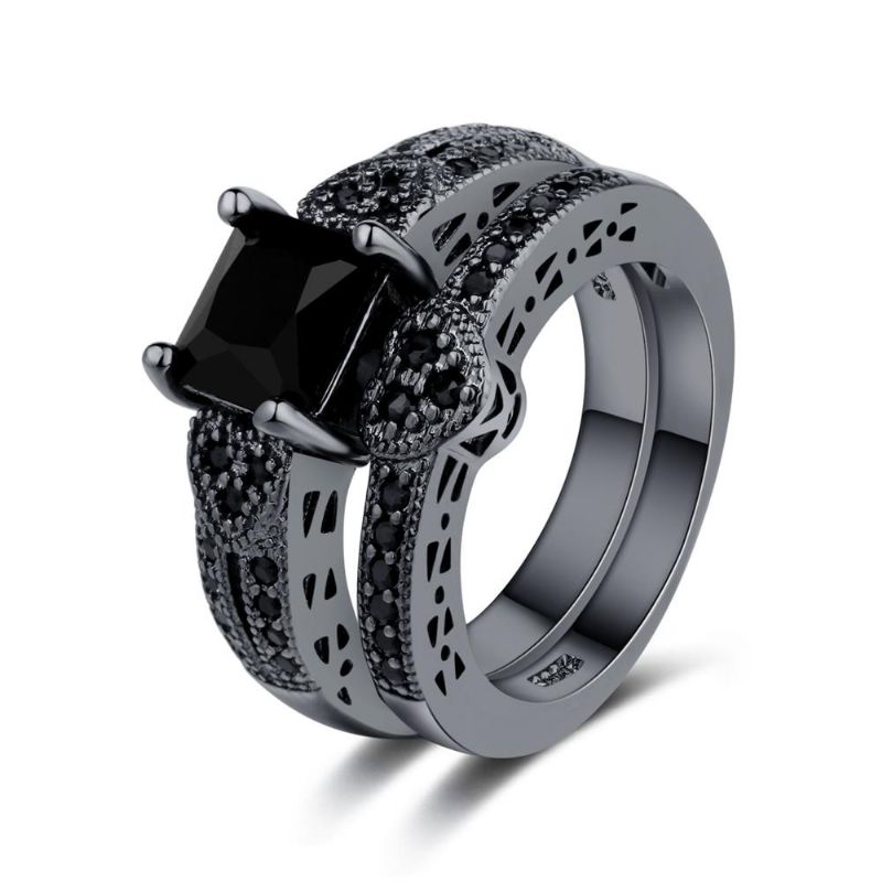 2pcs Set Classic Engagement Ring Gun Conjuntos De Anillos De Corazón De Circonita Negra Para Mujeres