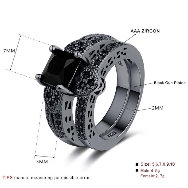 2pcs Set Classic Engagement Ring Gun Conjuntos De Anillos De Corazón De Circonita Negra Para Mujeres