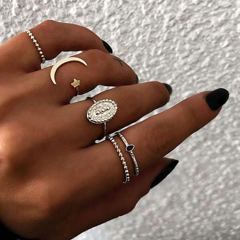 5pcs Anillo De Dedo Bohemio Set Moon Star Open Close Anillos Joyería De Moda Para Mujeres