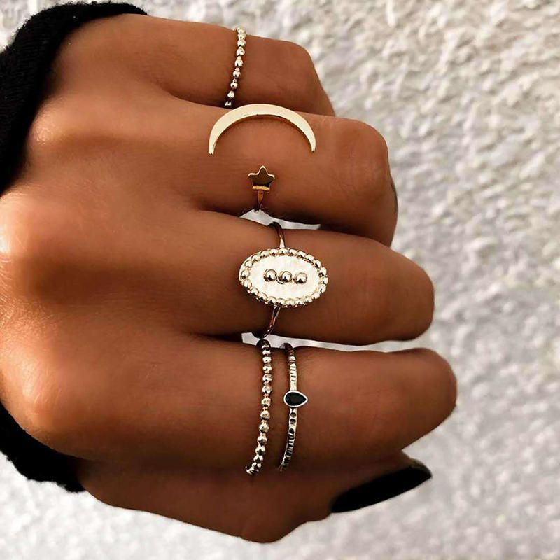 5pcs Anillo De Dedo Bohemio Set Moon Star Open Close Anillos Joyería De Moda Para Mujeres