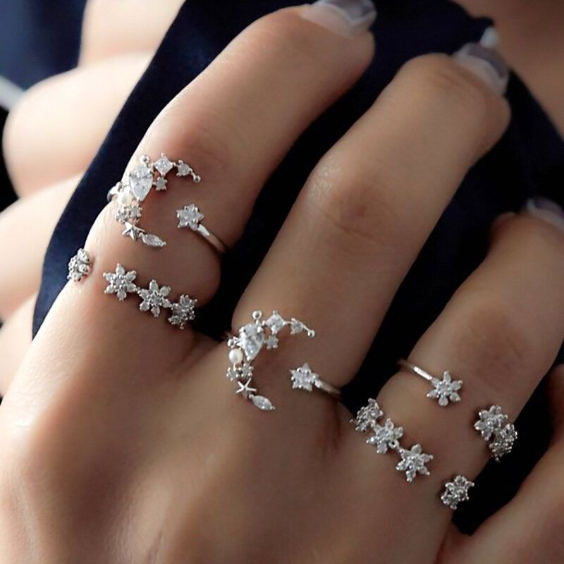 5pcs Conjuntos De Anillos De Moda Anillo De Dedo Bohemio Anillos De Nudillos De Diamantes De Imitación De Estrella De Luna Simple Para Mujeres