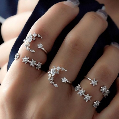 5pcs Conjuntos De Anillos De Moda Anillo De Dedo Bohemio Anillos De Nudillos De Diamantes De Imitación De Estrella De Luna Simple Para Mujeres