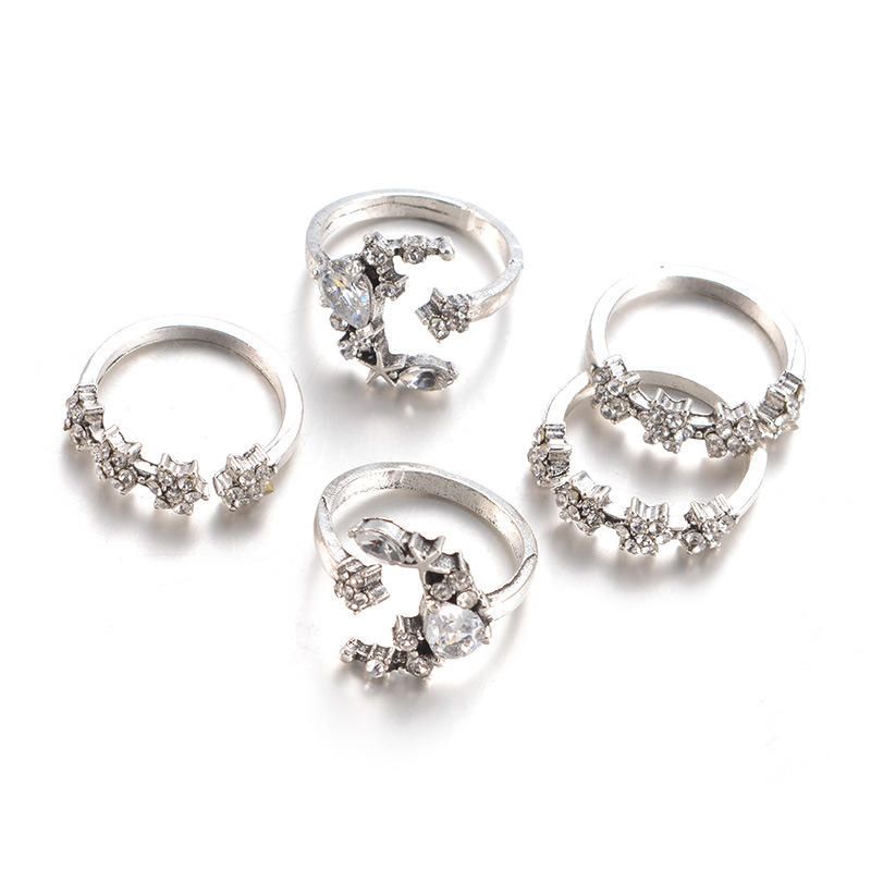 5pcs Conjuntos De Anillos De Moda Anillo De Dedo Bohemio Anillos De Nudillos De Diamantes De Imitación De Estrella De Luna Simple Para Mujeres