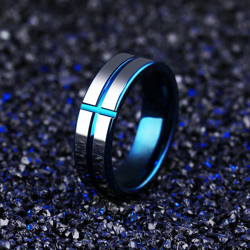 6 mm Anillo De Acero De Tungsteno Para Hombre Cruz Azul Joyería De Moda Simple