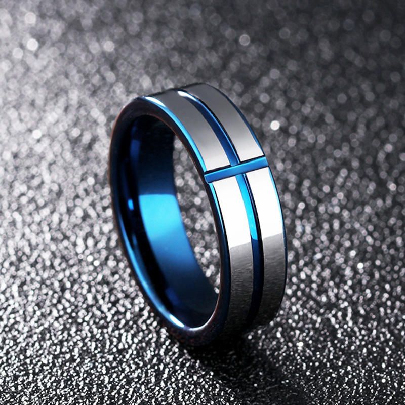 6 mm Anillo De Acero De Tungsteno Para Hombre Cruz Azul Joyería De Moda Simple