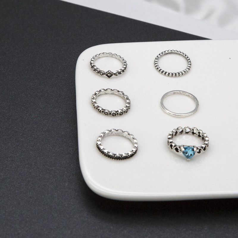 6 Piezas Conjunto Étnico Antiguo De Plata Con Diamantes De Imitación En Forma De Corazón Anillo De Dedo Geométrico Anillo De Nudillo Para Mujer