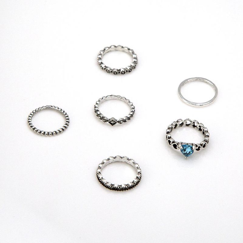 6 Piezas Conjunto Étnico Antiguo De Plata Con Diamantes De Imitación En Forma De Corazón Anillo De Dedo Geométrico Anillo De Nudillo Para Mujer