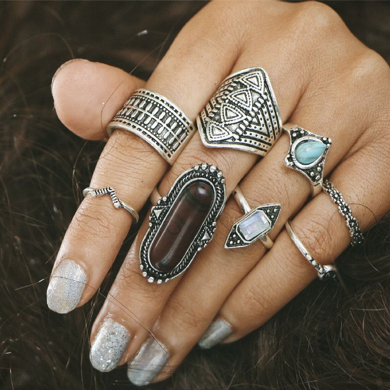 8 Piezas De Anillo De Color Plateado Bohemio Conjunto De Anillos De Nudillos De Gemas Turquesas Regalo Para Mujeres