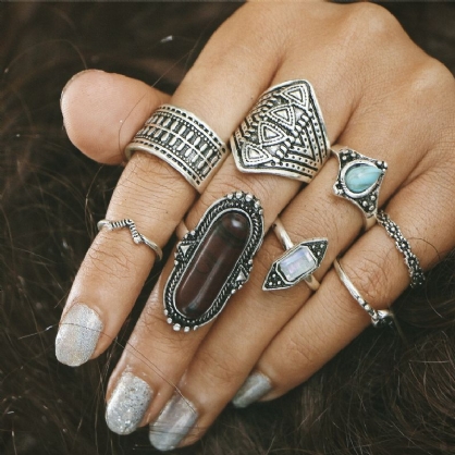 8 Piezas De Anillo De Color Plateado Bohemio Conjunto De Anillos De Nudillos De Gemas Turquesas Regalo Para Mujeres