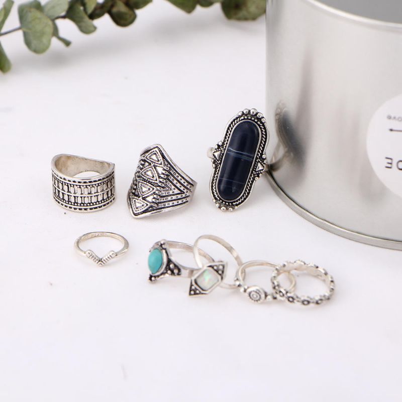 8 Piezas De Anillo De Color Plateado Bohemio Conjunto De Anillos De Nudillos De Gemas Turquesas Regalo Para Mujeres