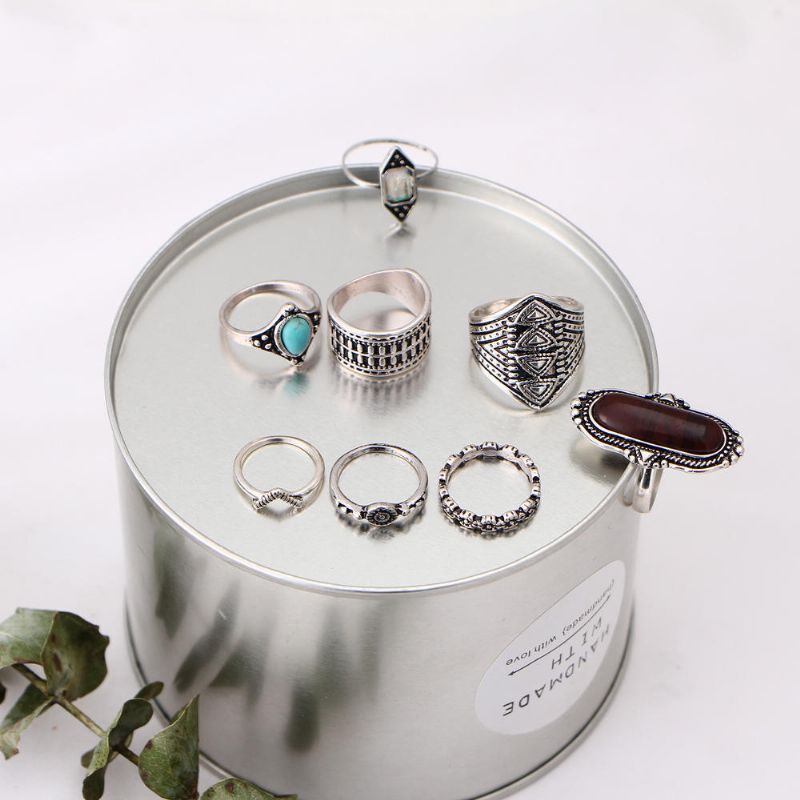 8 Piezas De Anillo De Color Plateado Bohemio Conjunto De Anillos De Nudillos De Gemas Turquesas Regalo Para Mujeres