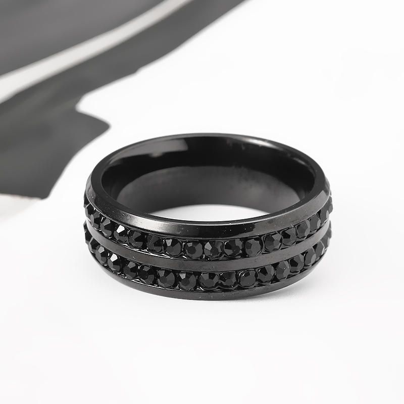 8mm Anillo De Acero De Titanio Para Hombre Joyería De Hombre Con Doble Diamantes De Imitación Negro