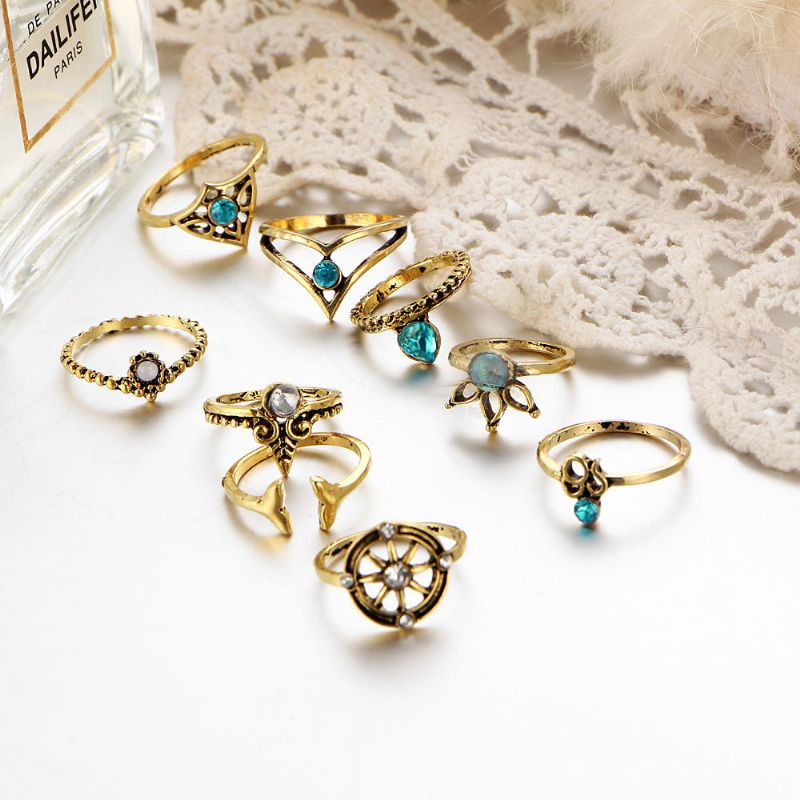 9 Piezas Conjunto De Anillos De Declaración Vintage Helm Leaf Knuckle Anillos Joyería Bohemia Para Mujeres