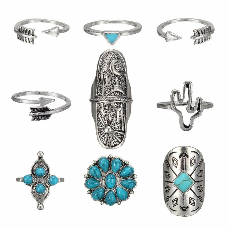 9pcs Boho Style Silver Vintage Ring Mujeres Geometry Finger Ring Set