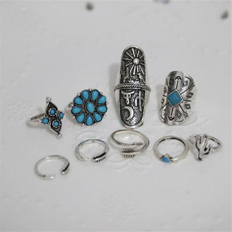 9pcs Boho Style Silver Vintage Ring Mujeres Geometry Finger Ring Set