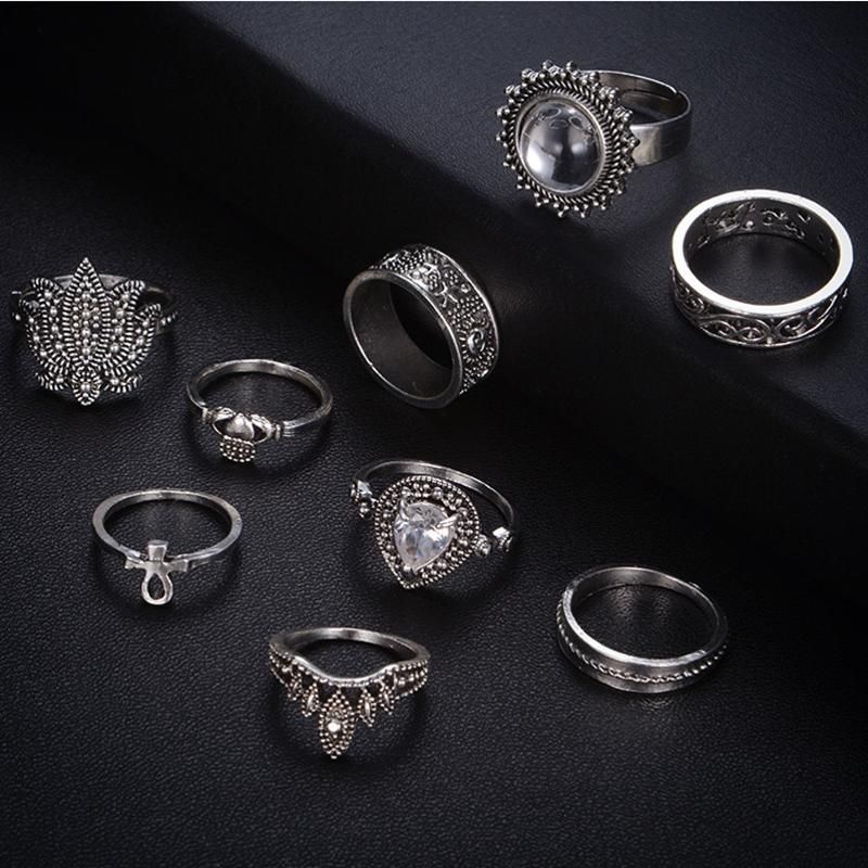 9pcs Conjuntos De Anillos De Declaración Bohemia Vintage Geométricos Sun Stars Crown Flower Knuckle Anillos Para Mujeres