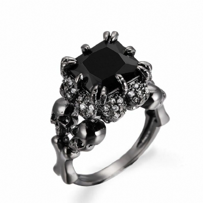 Anillo De Acero Inoxidable Con Circonita Negra Garra Gótica Anillo De Dedo De Diamantes De Imitación Con Doble Calavera Para Mujer