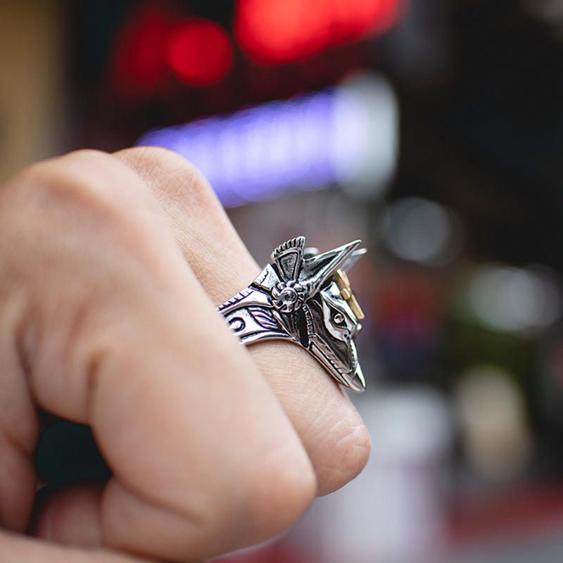 Anillo De Acero De Titanio Con Cabeza De Focha Egipcia Antigua Anubis Vintage