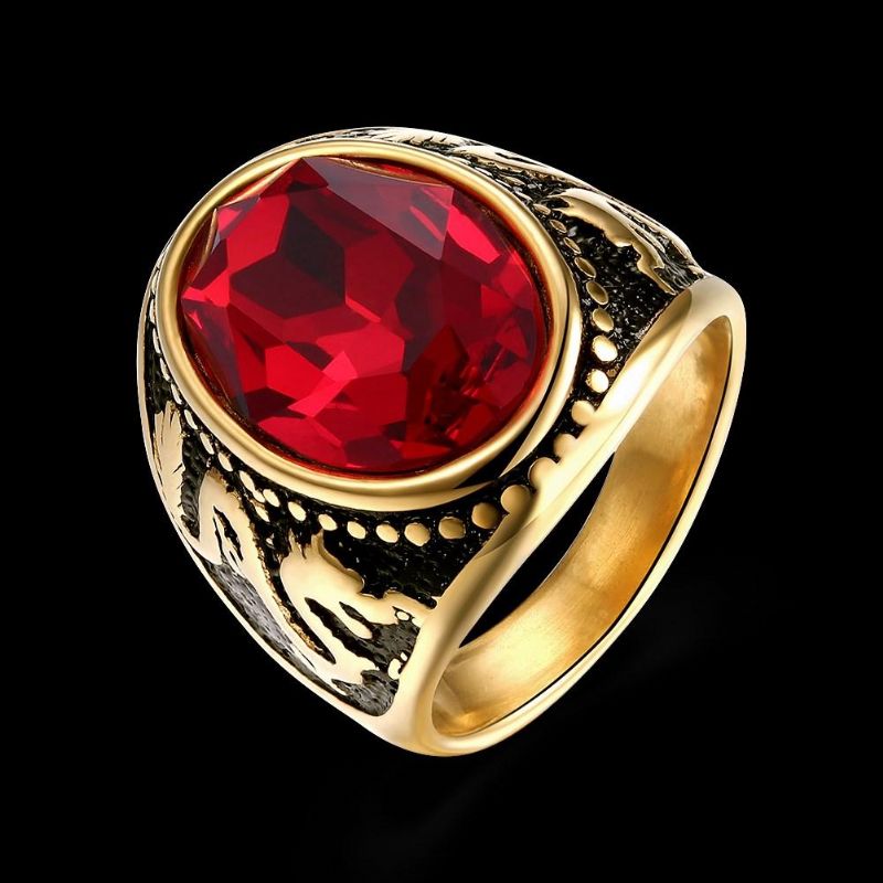 Anillo De Acero De Titanio De Cristal Rojo De Moda Anillo De Bola Chapado En Oro Para Hombres Y Mujeres