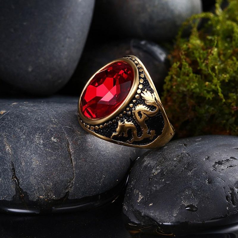 Anillo De Acero De Titanio De Cristal Rojo De Moda Anillo De Bola Chapado En Oro Para Hombres Y Mujeres