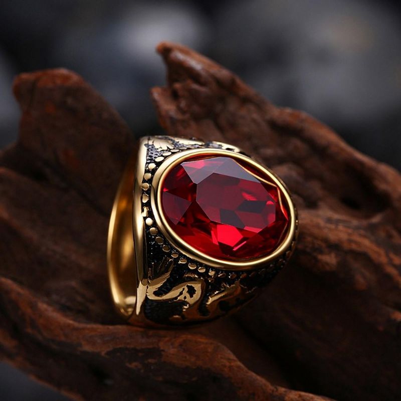 Anillo De Acero De Titanio De Cristal Rojo De Moda Anillo De Bola Chapado En Oro Para Hombres Y Mujeres