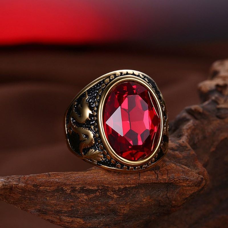 Anillo De Acero De Titanio De Cristal Rojo De Moda Anillo De Bola Chapado En Oro Para Hombres Y Mujeres