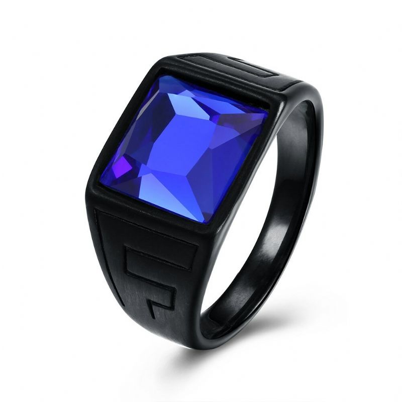 Anillo De Acero De Titanio De Moda Pistola De Vidrio Azul Anillo Plateado Negro Al Por Mayor Para Hombres