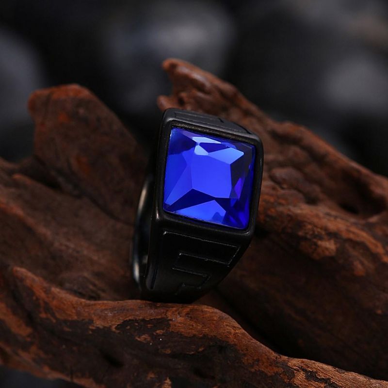 Anillo De Acero De Titanio De Moda Pistola De Vidrio Azul Anillo Plateado Negro Al Por Mayor Para Hombres