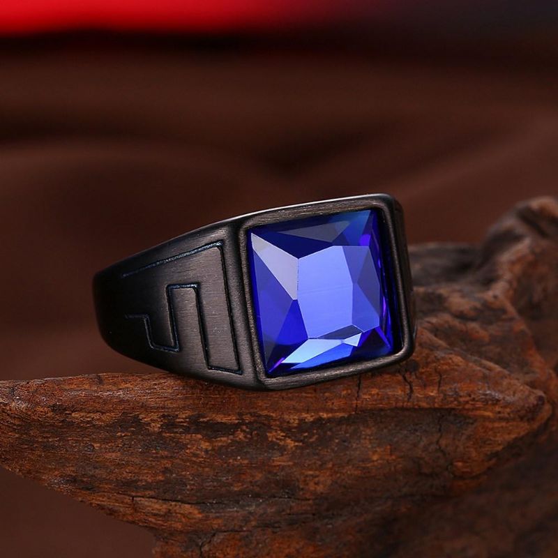 Anillo De Acero De Titanio De Moda Pistola De Vidrio Azul Anillo Plateado Negro Al Por Mayor Para Hombres