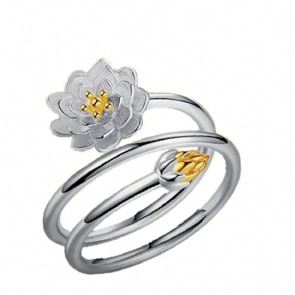 Anillo Chapado En Plata Para Mujer Étnica Lotus Charm Flor Sólida Apilable Anillo Ajustable De Extremo Abierto