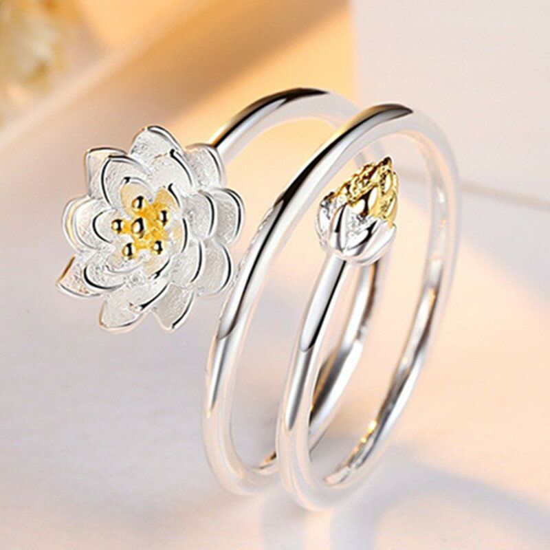 Anillo Chapado En Plata Para Mujer Étnica Lotus Charm Flor Sólida Apilable Anillo Ajustable De Extremo Abierto