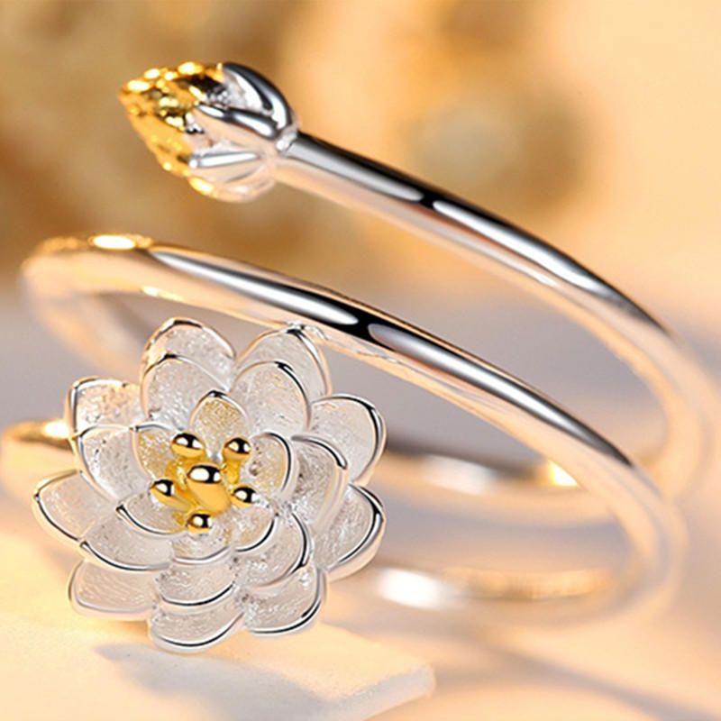 Anillo Chapado En Plata Para Mujer Étnica Lotus Charm Flor Sólida Apilable Anillo Ajustable De Extremo Abierto