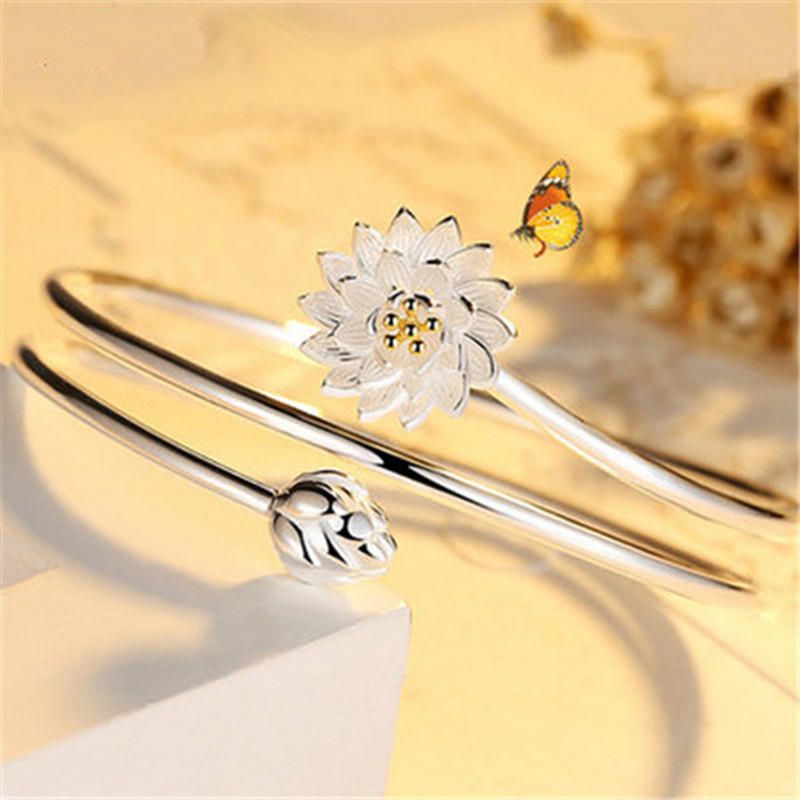 Anillo Chapado En Plata Para Mujer Étnica Lotus Charm Flor Sólida Apilable Anillo Ajustable De Extremo Abierto