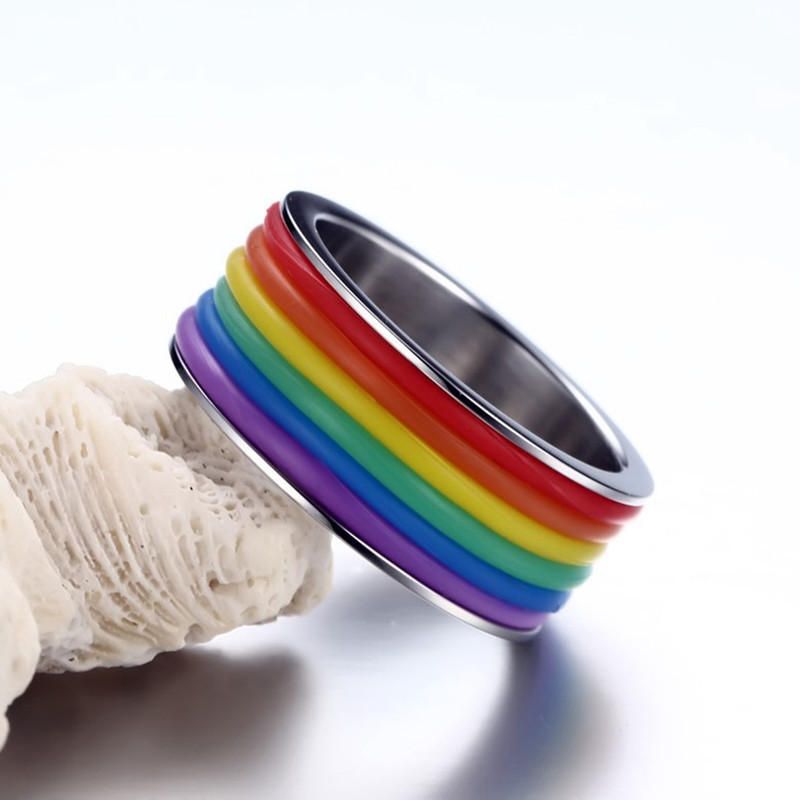 Anillo De Dedo De Acero Inoxidable De Moda Anillo De Silicona Arcoíris Para Mujeres Hombres Banda Lgbt Joyería Unisex