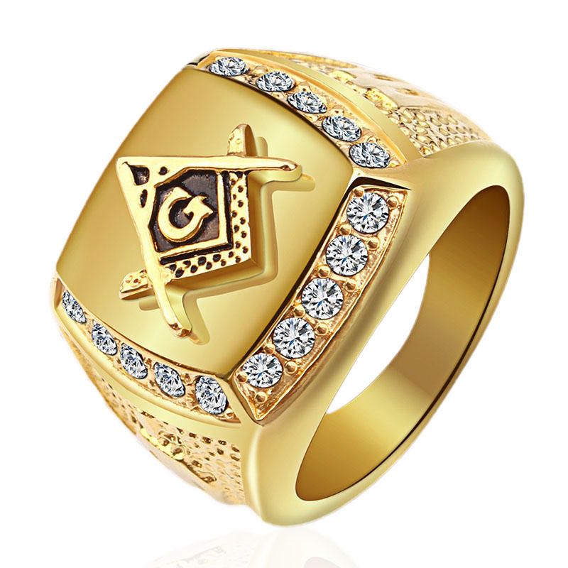 Anillo De Dedo De Acero De Titanio Dorado De Moda Diamante De Imitación Logotipo De Masón Regalo De Joyería Para Hombres