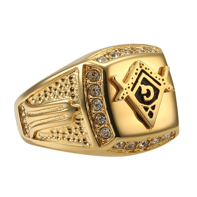 Anillo De Dedo De Acero De Titanio Dorado De Moda Diamante De Imitación Logotipo De Masón Regalo De Joyería Para Hombres