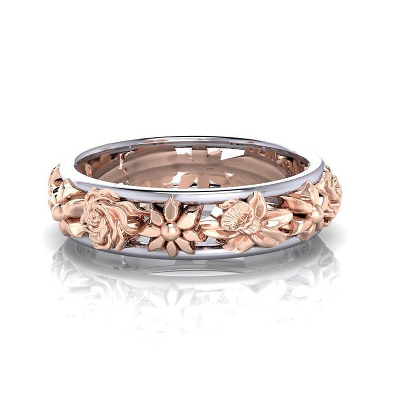 Anillo De Dedo De Flor De Doble Color De Moda Forma Redonda Anillos De Oro Rosa Para Mujer Joyería