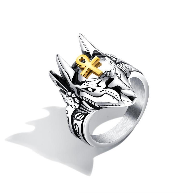 Anillo De Dedo Punk Cruz De Acero De Titanio Anubis Cabeza Retrato Anillos De Dedo Accesorios Joyería Para Hombres