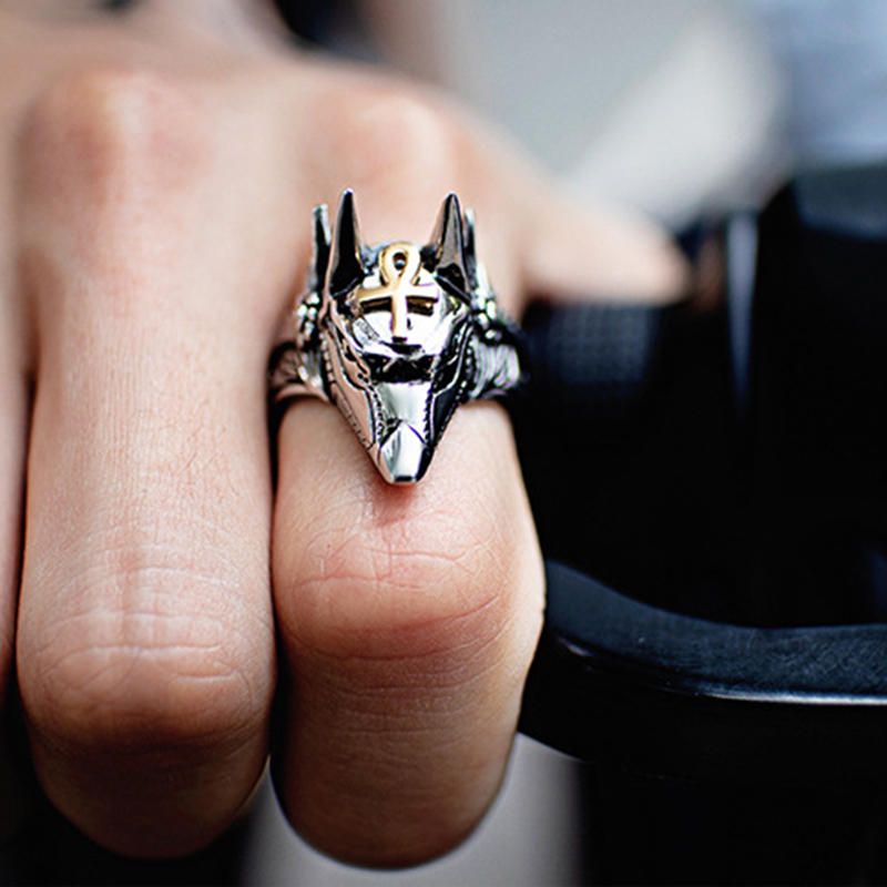 Anillo De Dedo Punk Cruz De Acero De Titanio Anubis Cabeza Retrato Anillos De Dedo Accesorios Joyería Para Hombres