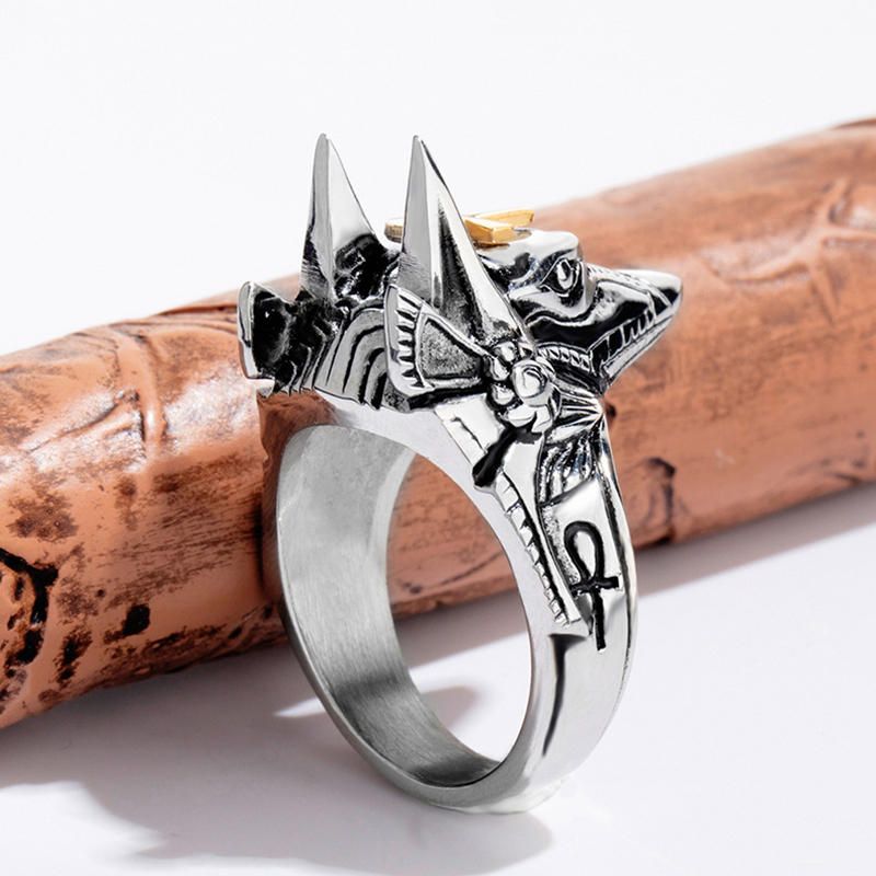 Anillo De Dedo Punk Cruz De Acero De Titanio Anubis Cabeza Retrato Anillos De Dedo Accesorios Joyería Para Hombres