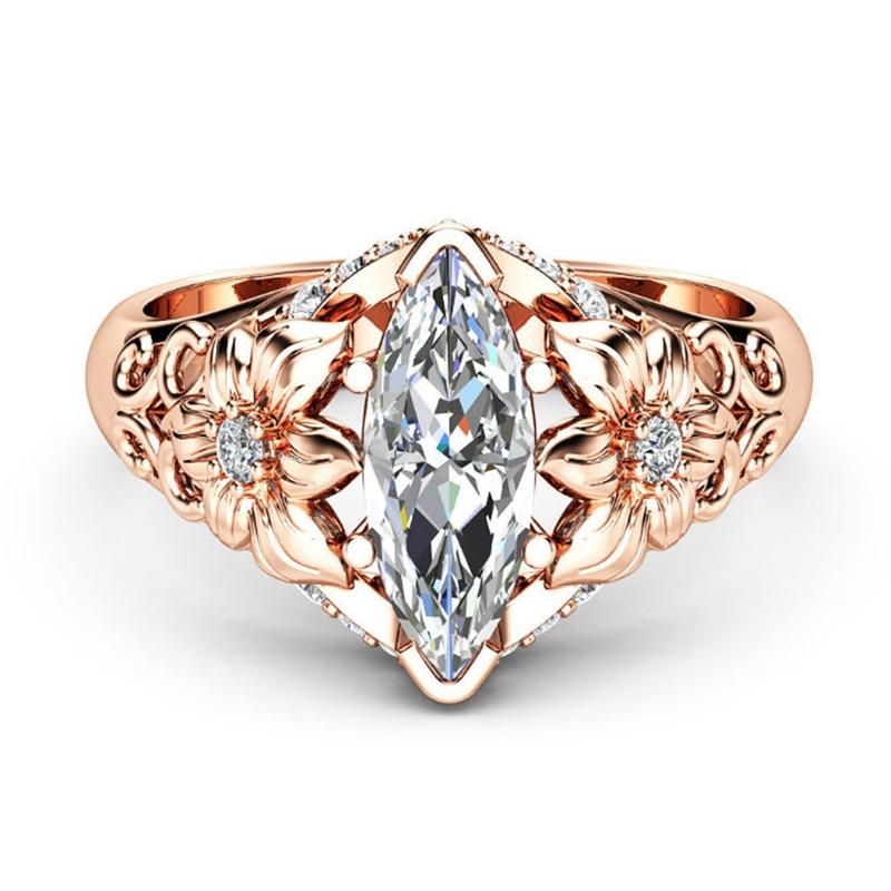 Anillo De Flores De Lujo Elegante Anillo De Mujer Con Diamantes De Circonita De Oro Rosa