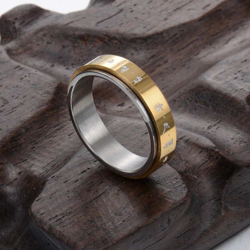 Anillo Giratorio Para Hombres Titanio Acero Budista Tono Dorado Mantra Patrón Spinner Anillo De La Suerte